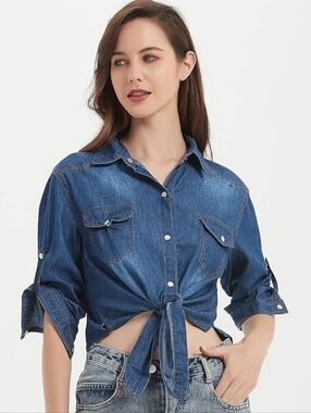Dark Wash Denim Tie Front Western Crop Shirt M